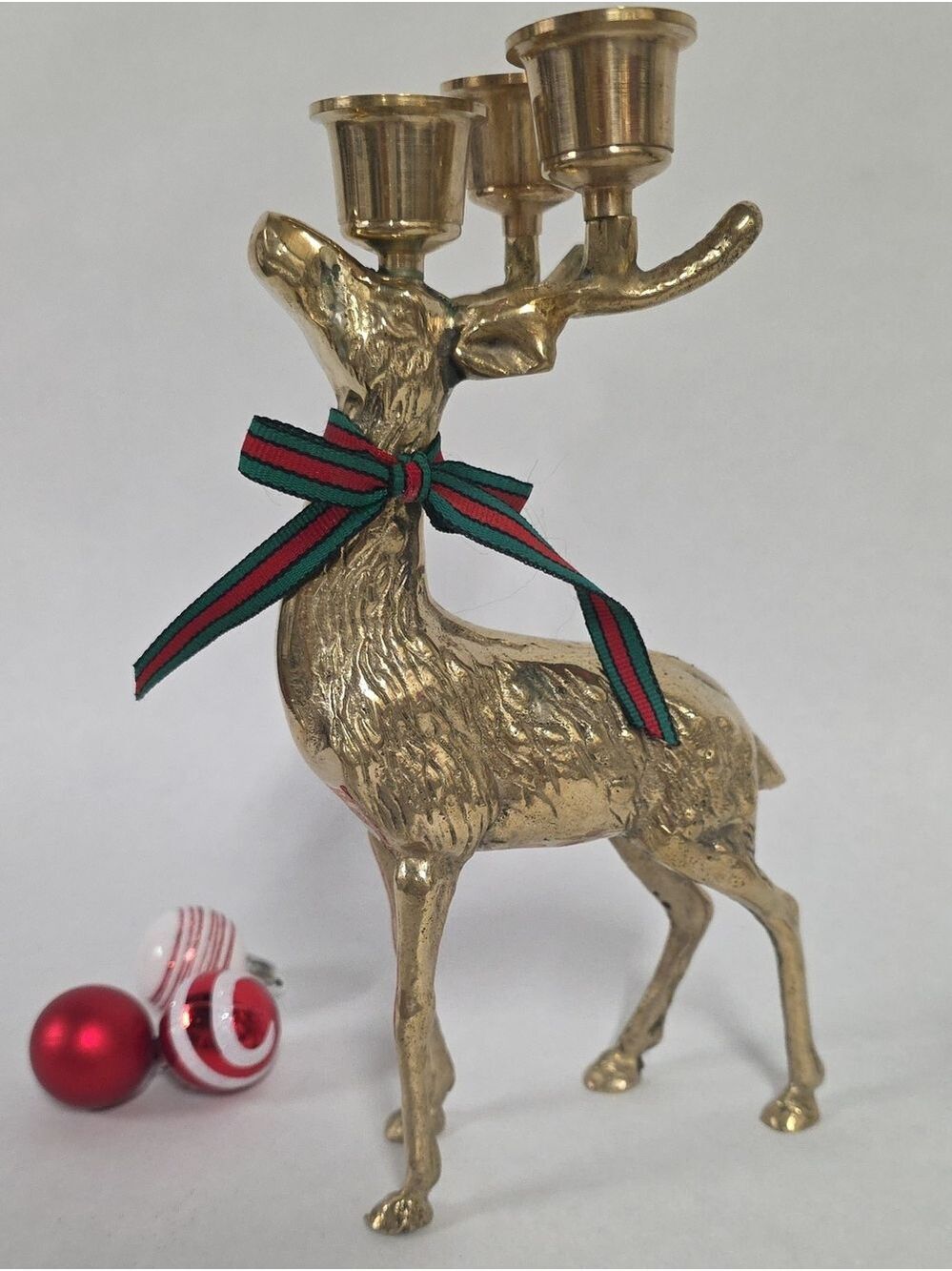Vintage SP Brass Reindeer Buck (3) Taper Candle Holder Holiday Christmas Decor
